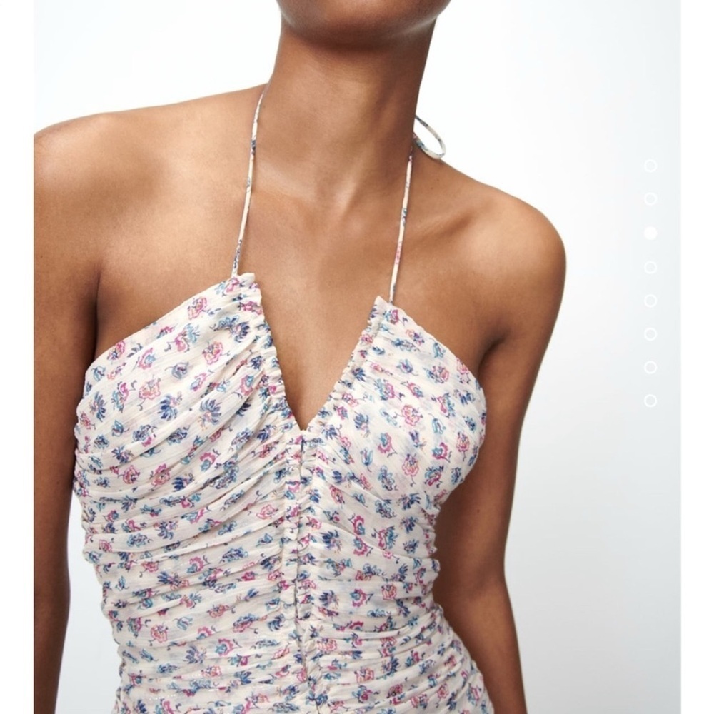 🆕 ZARA Metallic Thread Draped Ruched Floral Printed Halter Mini Dress M🆕 - Picture 4 of 16